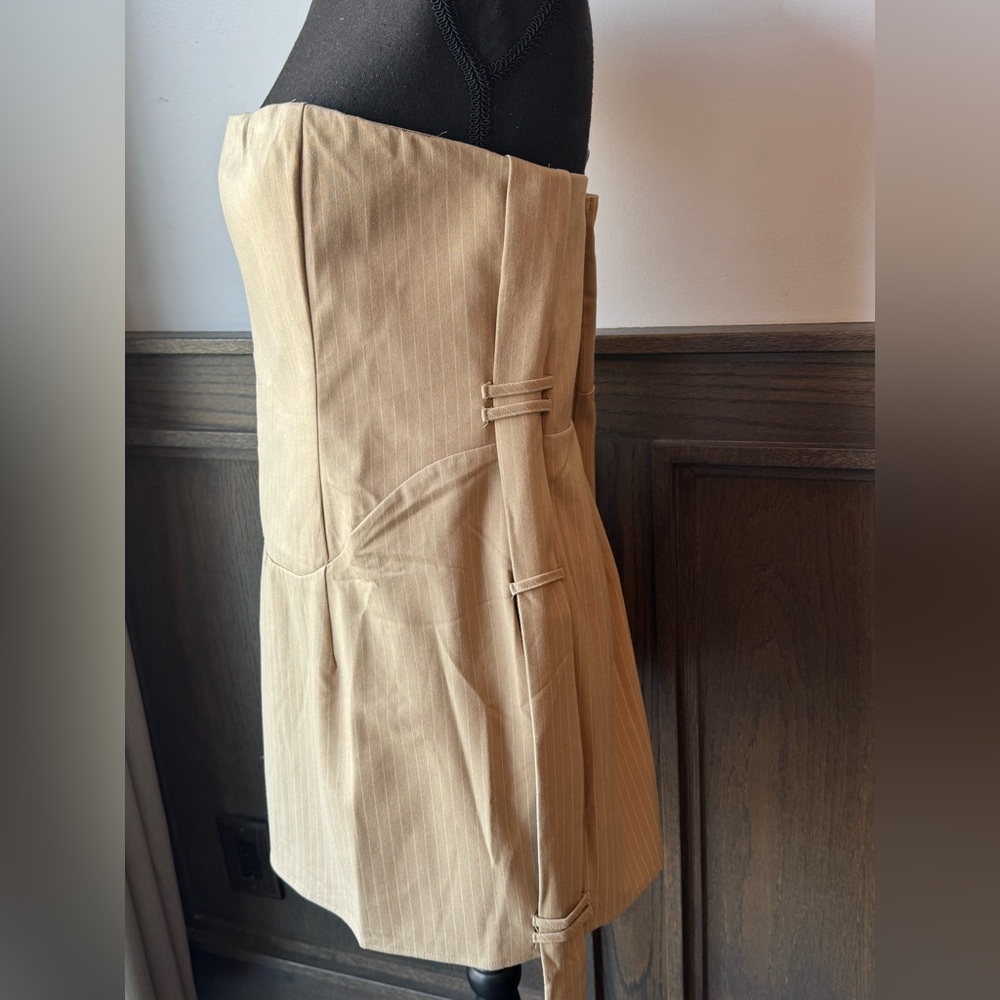 PrettyLittleThing taupe pinstripe Bardot corset bodycon dress NWT 12 - Picture 4 of 7